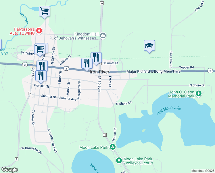 map of restaurants, bars, coffee shops, grocery stores, and more near 68165 Front Street in Iron River