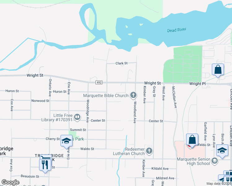 map of restaurants, bars, coffee shops, grocery stores, and more near 1957 Huron Street in Marquette
