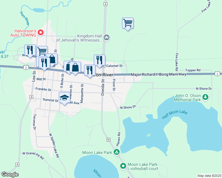 map of restaurants, bars, coffee shops, grocery stores, and more near 68165 Front Street in Iron River