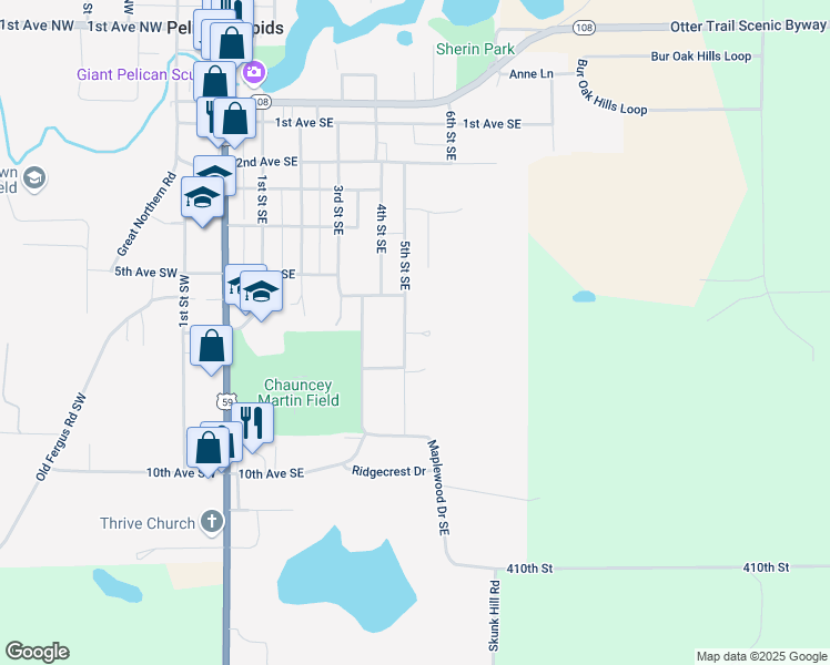 map of restaurants, bars, coffee shops, grocery stores, and more near 701 5th Street Southeast in Pelican Rapids