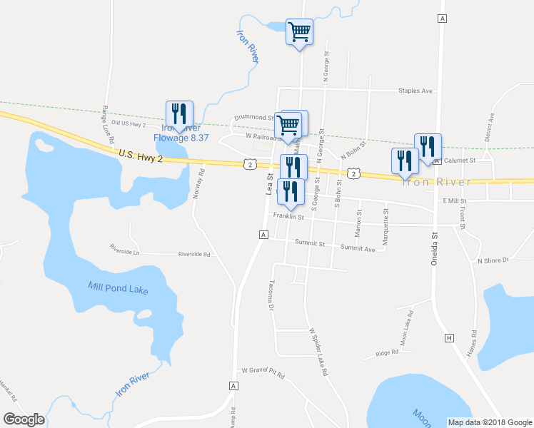 map of restaurants, bars, coffee shops, grocery stores, and more near 0 Franklin Street in Iron River