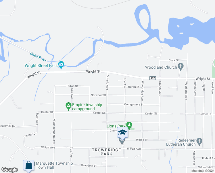 map of restaurants, bars, coffee shops, grocery stores, and more near 1798 Ontario Avenue in Marquette