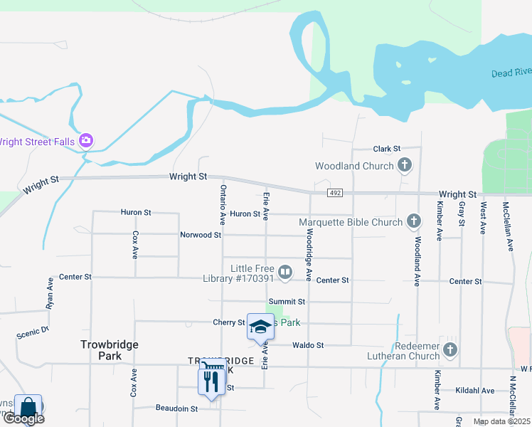 map of restaurants, bars, coffee shops, grocery stores, and more near 2201 Huron Street in Marquette