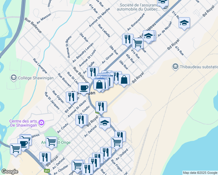 map of restaurants, bars, coffee shops, grocery stores, and more near 3283 Boulevard Royal in Shawinigan