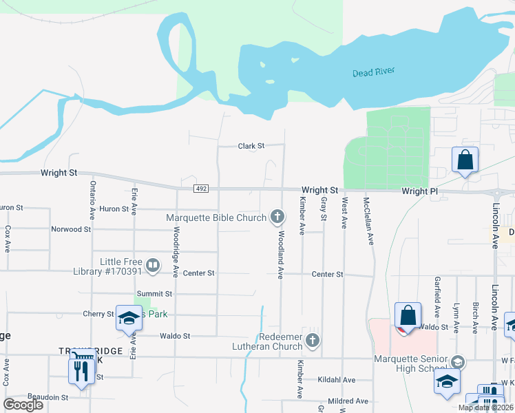 map of restaurants, bars, coffee shops, grocery stores, and more near 1901-1957 Huron Street in Marquette