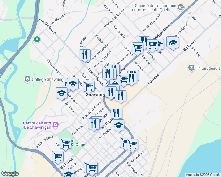 map of restaurants, bars, coffee shops, grocery stores, and more near Chemin des Bois Francs in Shawinigan