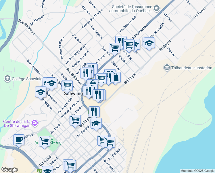 map of restaurants, bars, coffee shops, grocery stores, and more near 3283 Boulevard Royal in Shawinigan