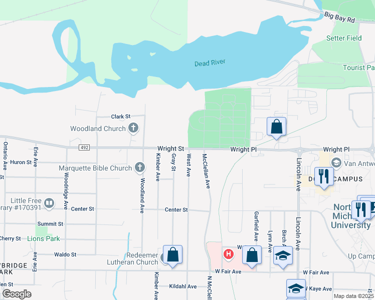 map of restaurants, bars, coffee shops, grocery stores, and more near 1701 West Avenue in Marquette