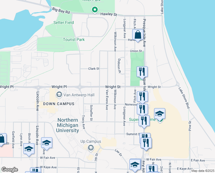 map of restaurants, bars, coffee shops, grocery stores, and more near 1900 Van Evera Avenue in Marquette