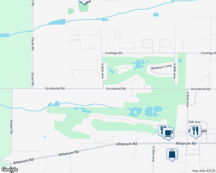 map of restaurants, bars, coffee shops, grocery stores, and more near 9305 Jonagold Court in Yakima