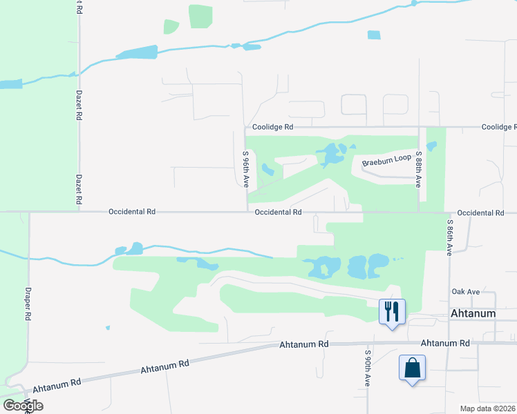 map of restaurants, bars, coffee shops, grocery stores, and more near 9305 Jonagold Court in Yakima