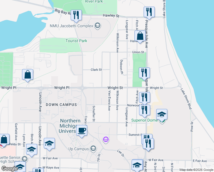 map of restaurants, bars, coffee shops, grocery stores, and more near 1933 Van Evera Avenue in Marquette