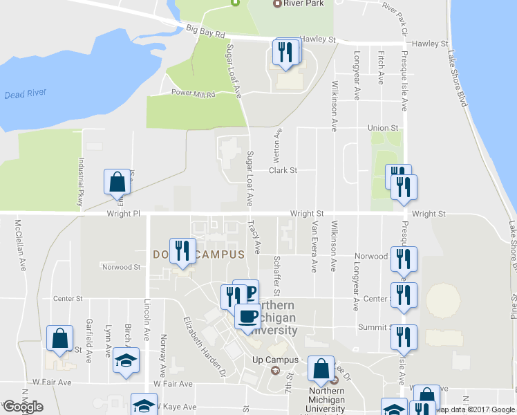 map of restaurants, bars, coffee shops, grocery stores, and more near 920 Wright Street in Marquette