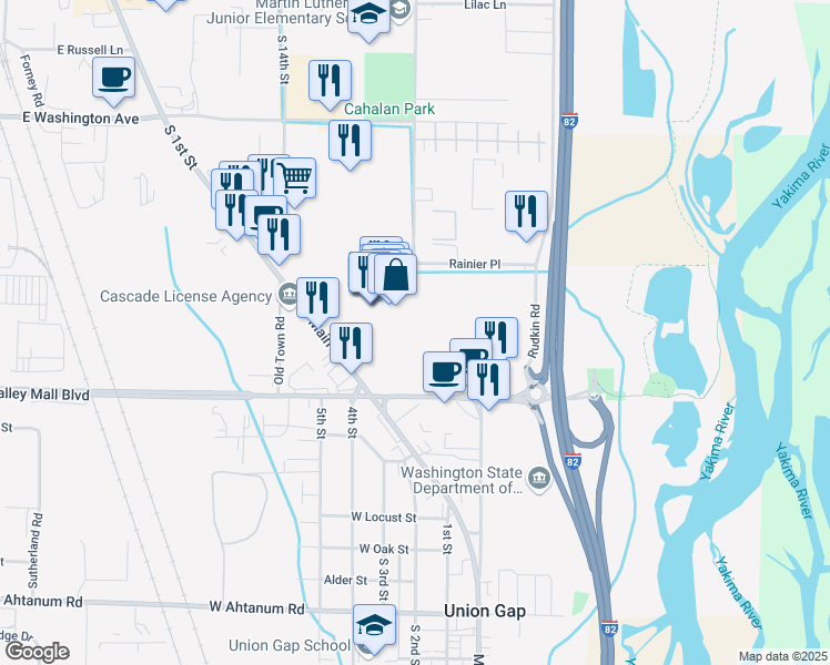 map of restaurants, bars, coffee shops, grocery stores, and more near 9 East Valley Mall Boulevard in Union Gap