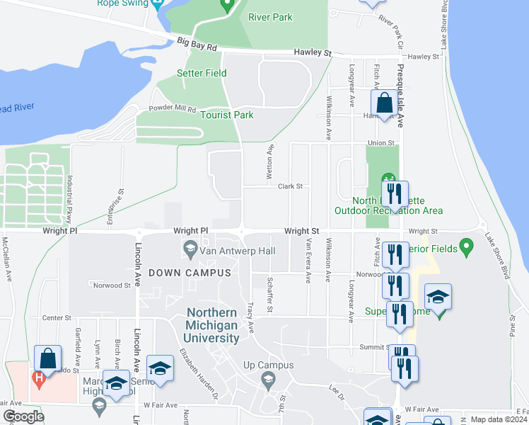 map of restaurants, bars, coffee shops, grocery stores, and more near 920 Wright Street in Marquette