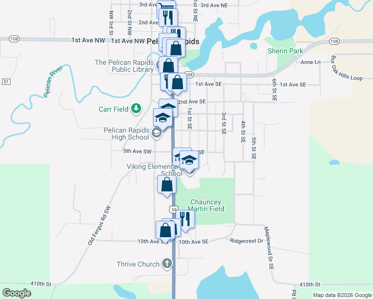 map of restaurants, bars, coffee shops, grocery stores, and more near in Pelican Rapids