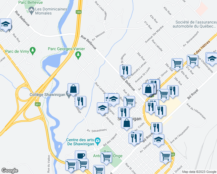 map of restaurants, bars, coffee shops, grocery stores, and more near 2285 Rue Boisvert in Shawinigan