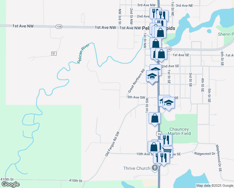map of restaurants, bars, coffee shops, grocery stores, and more near 506 3rd Street Northwest in Pelican Rapids