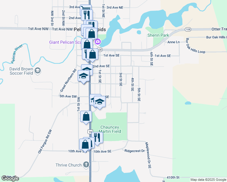 map of restaurants, bars, coffee shops, grocery stores, and more near 212 4th Avenue Southeast in Pelican Rapids