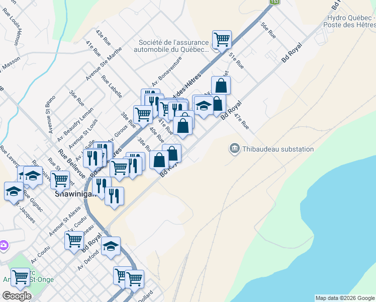 map of restaurants, bars, coffee shops, grocery stores, and more near Boulevard Royal in Shawinigan