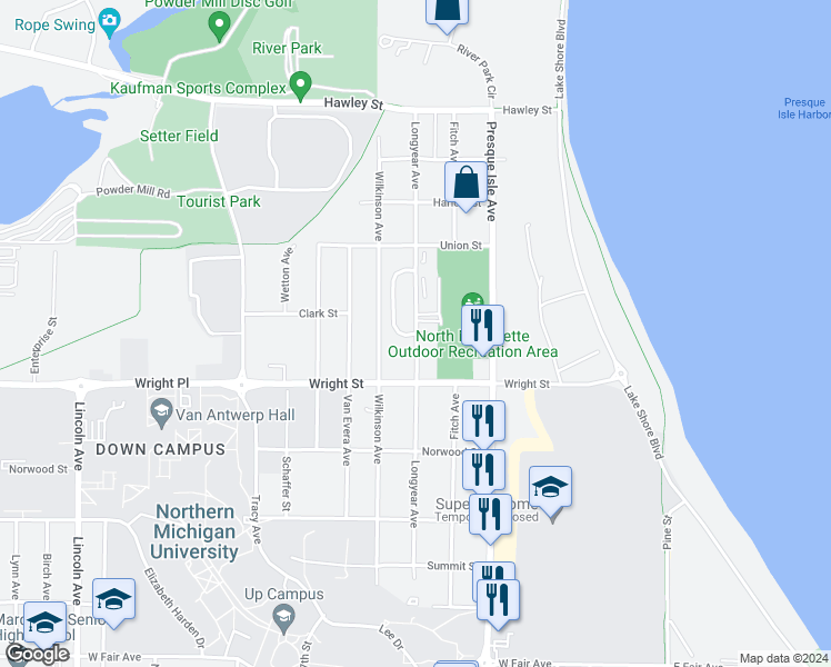 map of restaurants, bars, coffee shops, grocery stores, and more near 1911 Longyear Avenue in Marquette
