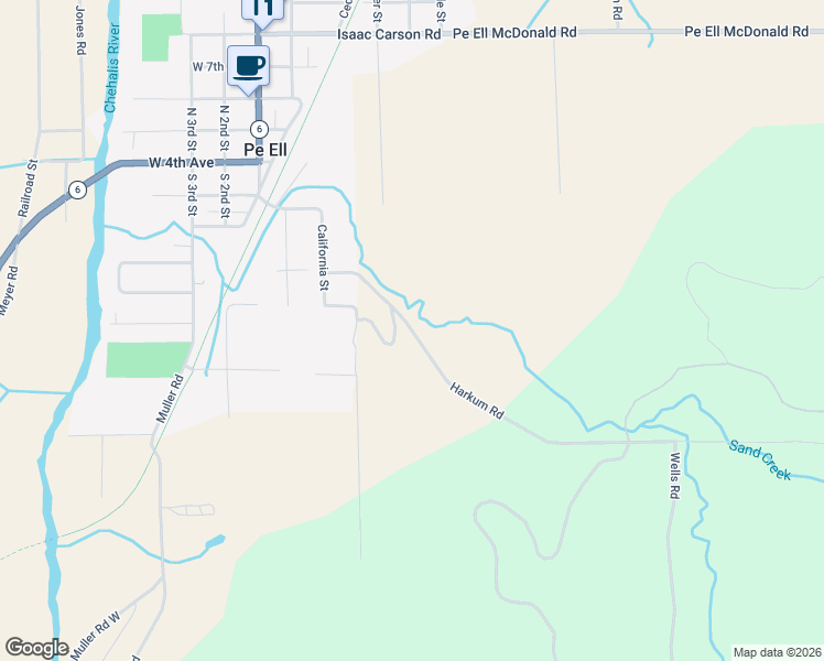 map of restaurants, bars, coffee shops, grocery stores, and more near Harkum Road in Pe Ell