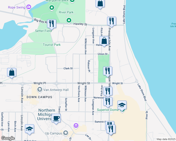 map of restaurants, bars, coffee shops, grocery stores, and more near 125 Dobson Place in Marquette