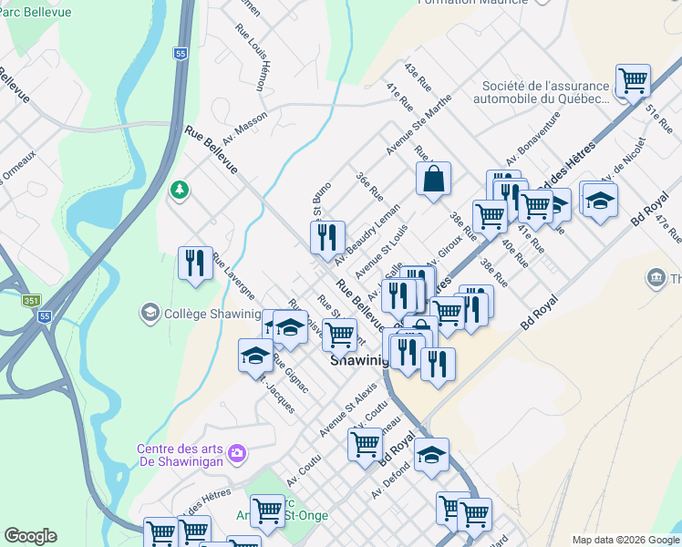 map of restaurants, bars, coffee shops, grocery stores, and more near 2164 Rue Bellevue in Shawinigan