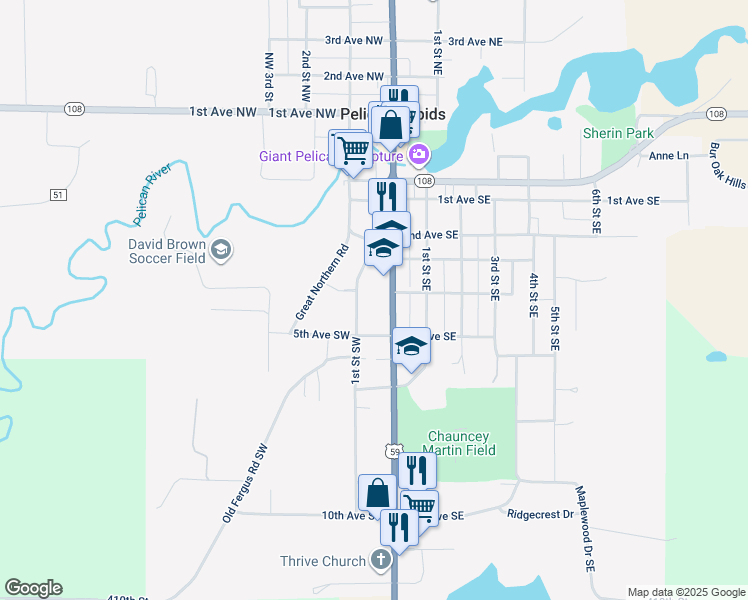 map of restaurants, bars, coffee shops, grocery stores, and more near 310 South Broadway in Pelican Rapids
