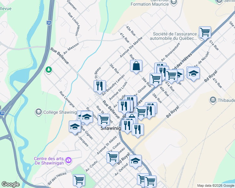 map of restaurants, bars, coffee shops, grocery stores, and more near 3212 Avenue Saint Louis in Shawinigan