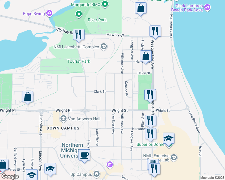 map of restaurants, bars, coffee shops, grocery stores, and more near 2001 Van Evera Avenue in Marquette
