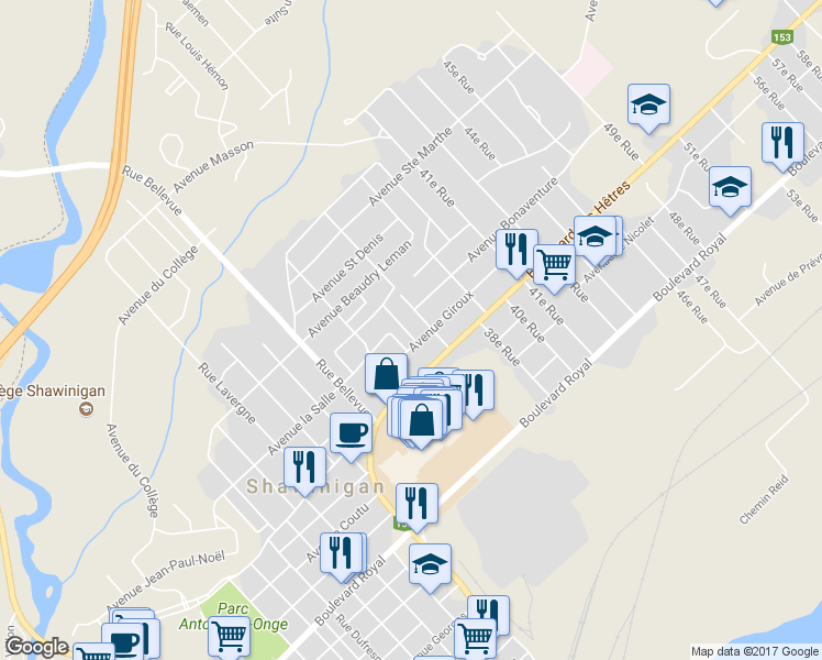 map of restaurants, bars, coffee shops, grocery stores, and more near 1972 35e Rue in Shawinigan