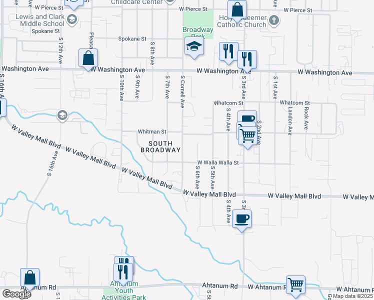 map of restaurants, bars, coffee shops, grocery stores, and more near 2113 Cornell Ave in Yakima