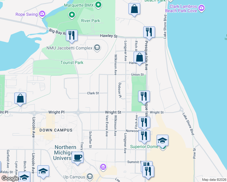 map of restaurants, bars, coffee shops, grocery stores, and more near 2013 Wilkinson Avenue in Marquette