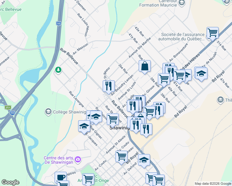 map of restaurants, bars, coffee shops, grocery stores, and more near 3134 Avenue Beaudry Leman in Shawinigan