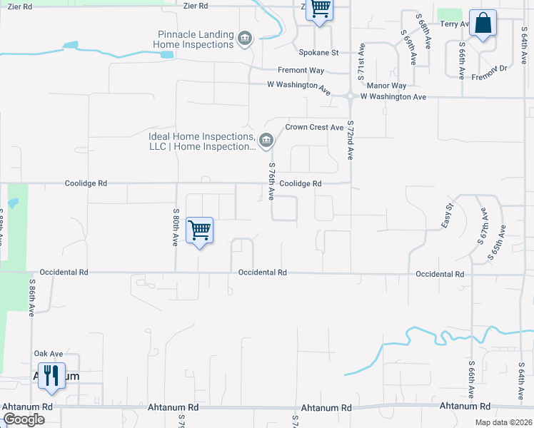 map of restaurants, bars, coffee shops, grocery stores, and more near 7505 Lyons Lane in Yakima