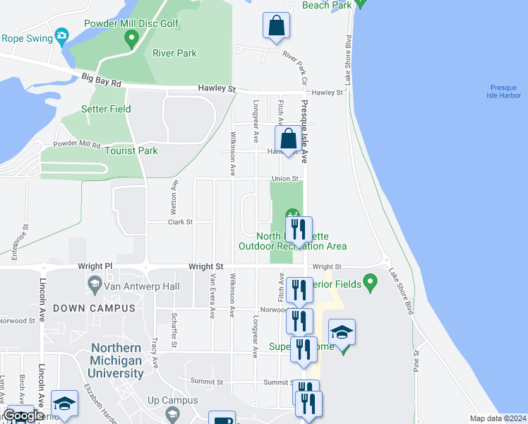map of restaurants, bars, coffee shops, grocery stores, and more near 2000-2016 Longyear Avenue in Marquette