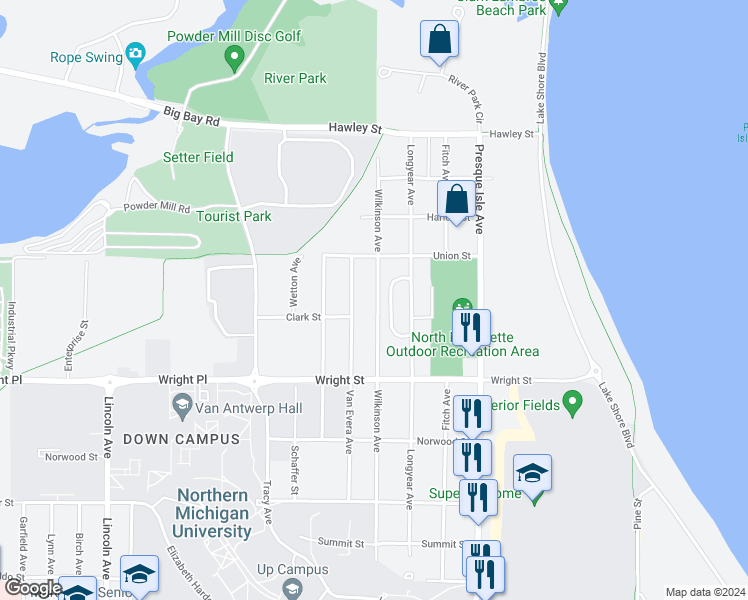 map of restaurants, bars, coffee shops, grocery stores, and more near 2029 Wilkinson Avenue in Marquette