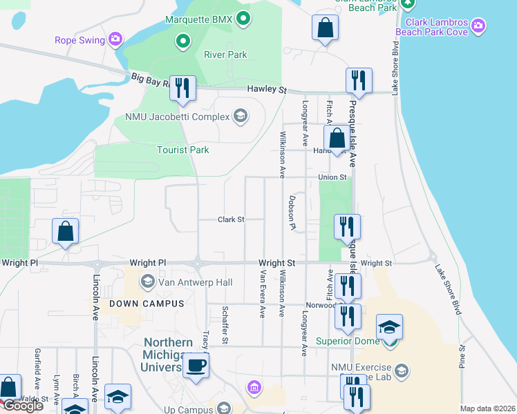 map of restaurants, bars, coffee shops, grocery stores, and more near 2001 Van Evera Avenue in Marquette