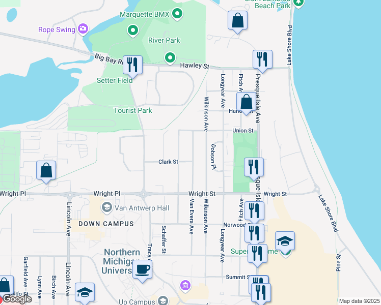 map of restaurants, bars, coffee shops, grocery stores, and more near 2031 Van Evera Avenue in Marquette
