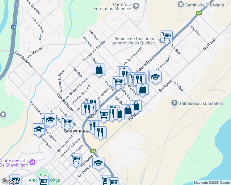 map of restaurants, bars, coffee shops, grocery stores, and more near 38e Rue in Shawinigan