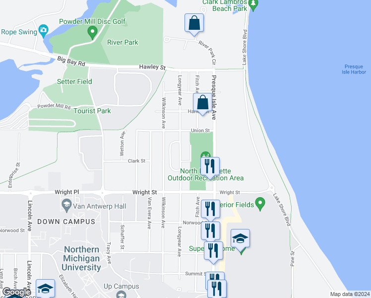 map of restaurants, bars, coffee shops, grocery stores, and more near 2000-2016 Longyear Avenue in Marquette