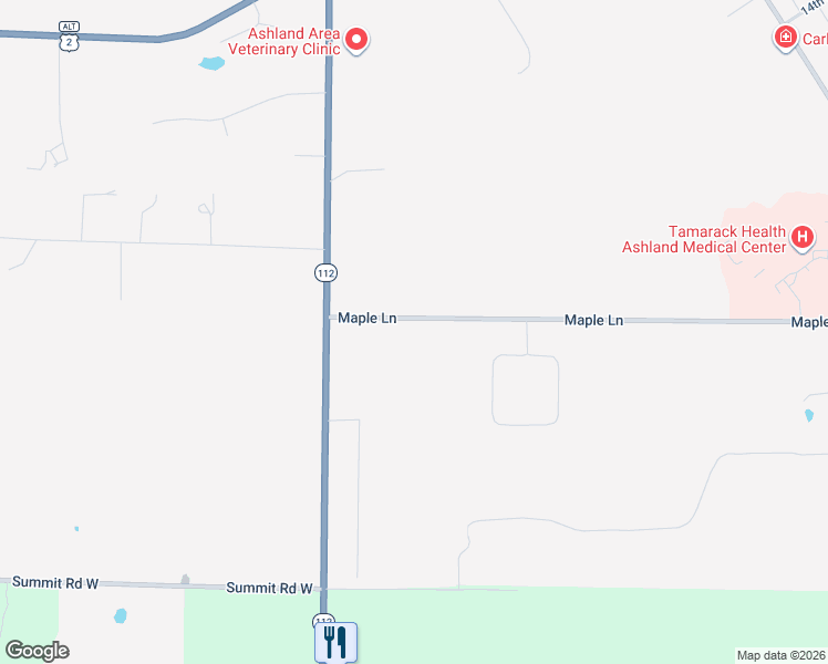 map of restaurants, bars, coffee shops, grocery stores, and more near 2506 Maple Lane in Ashland