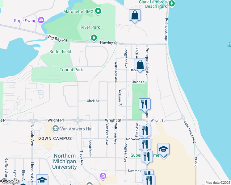 map of restaurants, bars, coffee shops, grocery stores, and more near 2045 Wilkinson Avenue in Marquette