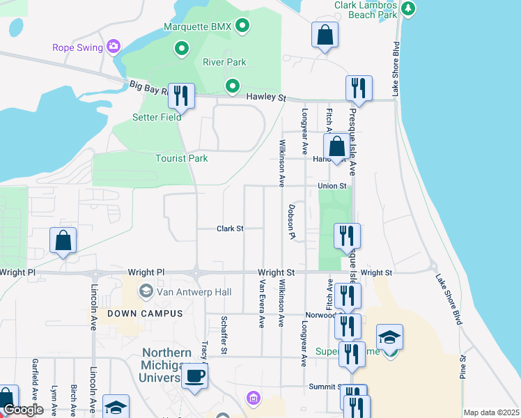 map of restaurants, bars, coffee shops, grocery stores, and more near 2047 Van Evera Avenue in Marquette