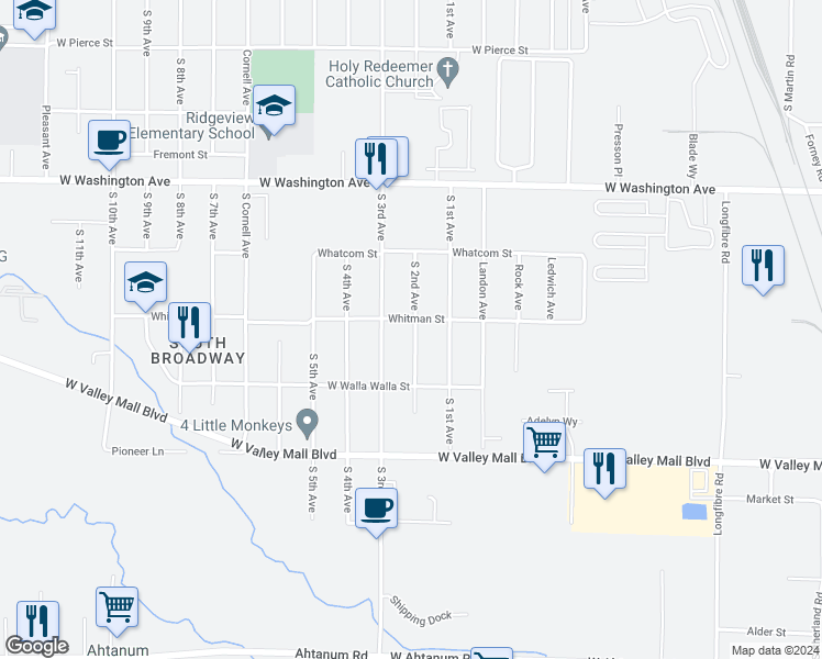 map of restaurants, bars, coffee shops, grocery stores, and more near 2014 South 2nd Avenue in Union Gap