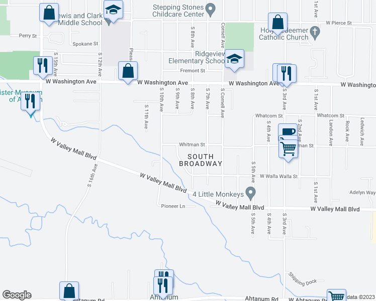 map of restaurants, bars, coffee shops, grocery stores, and more near 804 Whitman Street in Union Gap