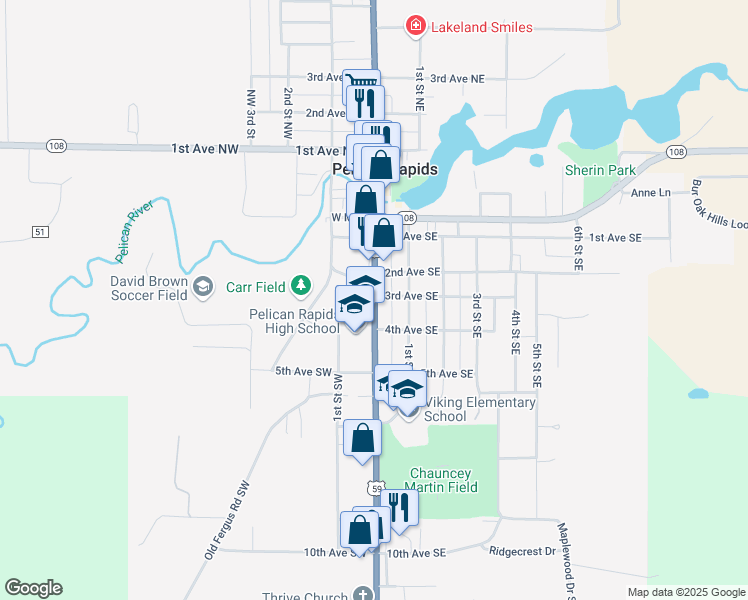 map of restaurants, bars, coffee shops, grocery stores, and more near 310 South Broadway in Pelican Rapids