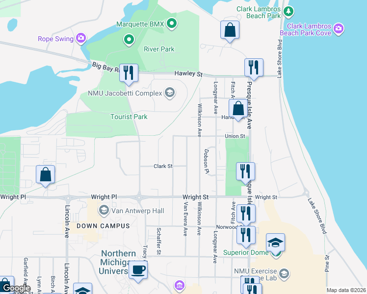 map of restaurants, bars, coffee shops, grocery stores, and more near 2073 Van Evera Avenue in Marquette