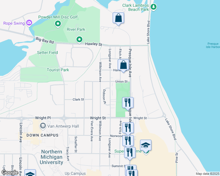 map of restaurants, bars, coffee shops, grocery stores, and more near 2018 Longyear Avenue in Marquette